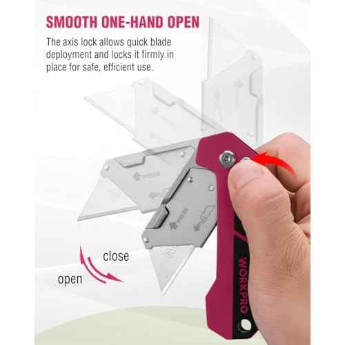 WORKPRO Box Cutter, Utility Knife Quick Change Blade Razor Knife, Folding Pocket Knife with Belt Clip and Axis Lock, 10 Extra Blades Included, Pink