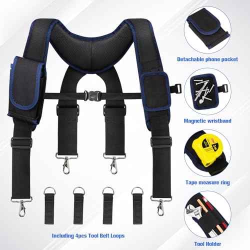 Tool Belt Suspenders for Men, Adjustable Padded Carpenter Tool Belt with Magnetic WristBand Multifunctional Pouch Pocket for Construction Workers (Black)