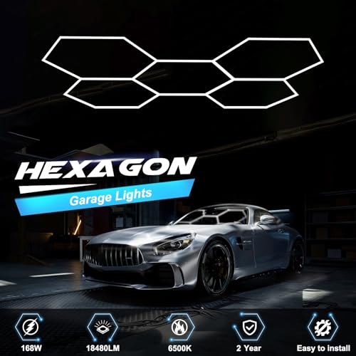 FERUERW 5 Hexagon LED Garage Light 6500K White, Energy-Saving 168W