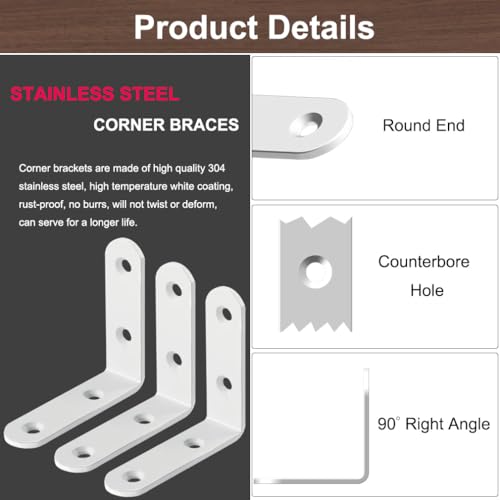 HANFUGA White Stainless Steel Corner Brackets 2.5 Inch, 6 Pack - Heavy Duty Right Angle Supports for Wood Shelves & Cabinets