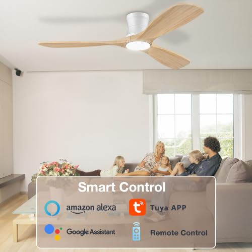 Hoenofly 52-Inch Smart Ceiling Fan with Lights, Remote & Voice Control - White & Light Wood