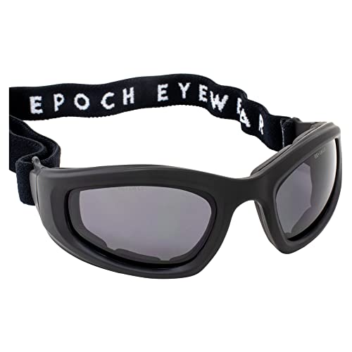 Epoch Eyewear Padded Motorcycle Riding Goggles Black Frame Smoke Lens Adjustable Strap ANSI z87.1 Safety Rated