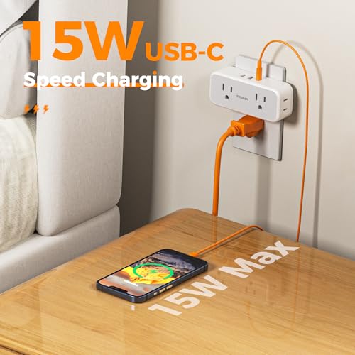 TESSAN Grey USB-C Wall Outlet Extender with 7 Outlets and Dual USB Ports