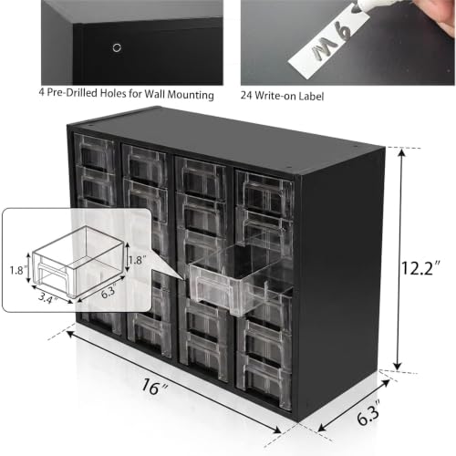 Nut and Bolt Organizer with 24 Clear Drawers & 48 Adjustable Dividers, Black (Generic Brand)