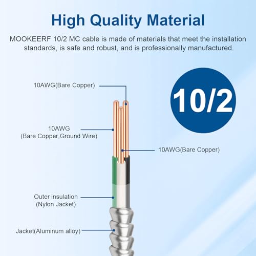 50FT 10/2 MC Cable with Ground - Pure Copper 10AWG Aluminum Armor for Electrical Wiring