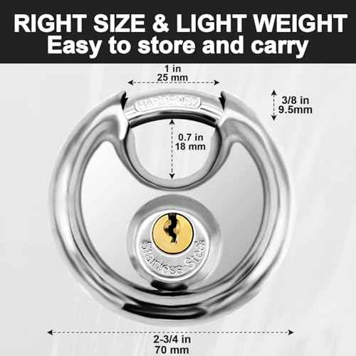 Vervida¢ç Keyed Padlock Stainless Steel Disc Lock with 3 Keys, 3/8 Inch Shackle 70mm, Heavy Duty Lock Outdoor Waterproof Storage Lock for Warehouse, Garage, Storage Locker, and Outdoors (1 Pack)