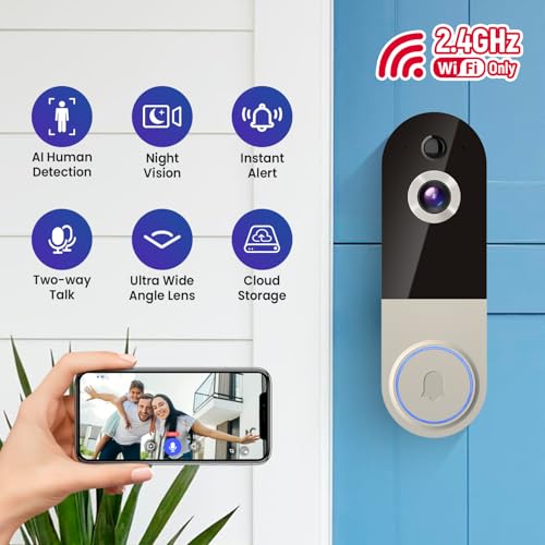 1080p Wireless Video Doorbell Camera with AI Human Detection, 2-Way Audio, Night Vision, Cloud Storage, Real-Time Alerts, 2.4G Wi-Fi Only