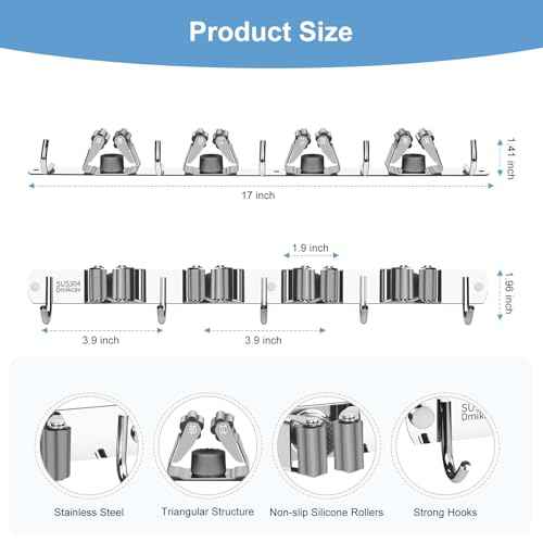 Mop and Broom Holder Wall Mounted, 4 Racks and 5 Hooks Broom, Upgraded Stainless Steel Broom Holder Self Adhesive, Broom Organizer, Tools Organizer for Home Kitchen bathroom Garden balcony