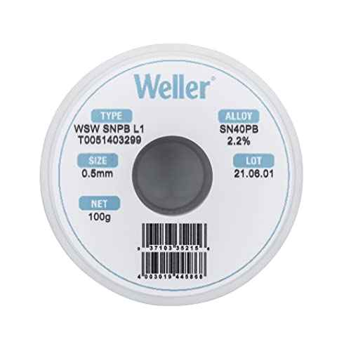 Weller WSW SnPb (T0051403299) Solder Wire, Dia: 0.5 mm / 0.020 in, Wt: 100 g / 3.527 oz, Alloy Sn60Pb40, Flux content 2.2%