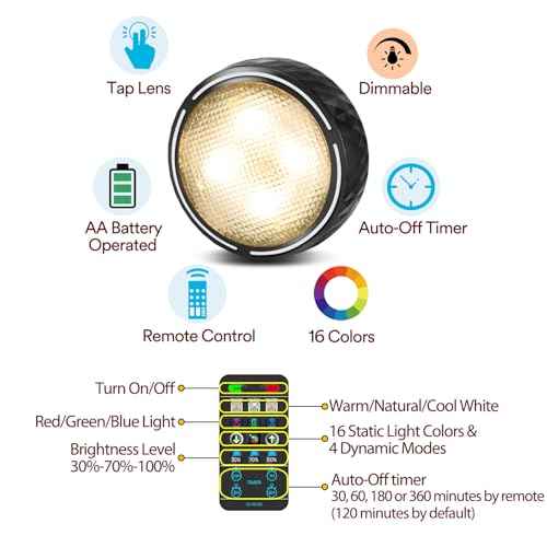 LED Puck Lights with Remote Control, Battery Operated Wireless Closet Light, Under Cabinet Lighting Stick on Tap Push Lights, Color Changing Under Counter Light for Kitchen, 6 Pack - Black