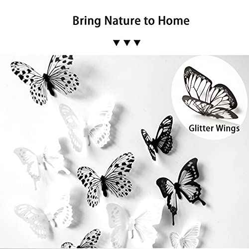 HZMM 72 Pcs 3D Butterfly Wall Stickers, Waterproof PVC, Black & White, Removable Paper Decals with Sticky Dots for Window, Furniture, Wedding, Baby Kids Bedroom Christmas DIY Decor