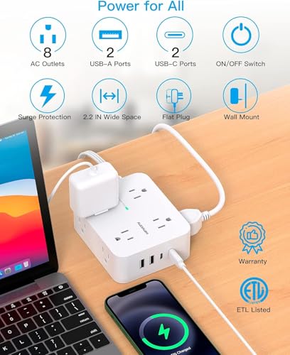 HANYCONY 5Ft Flat Surge Protector Power Strip with 12 Outlets & USB-C Ports