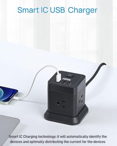FDTEK Power Strip with USB-C, 4 Outlets & 3 USB Ports, 5FT Extension Cord, Black - Model Variation: 5FT USB-C