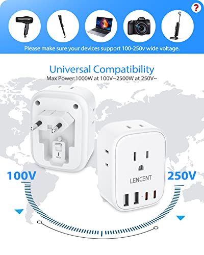LENCENT European Travel Plug Adapter Type C Foldable 17.5W - US to Europe