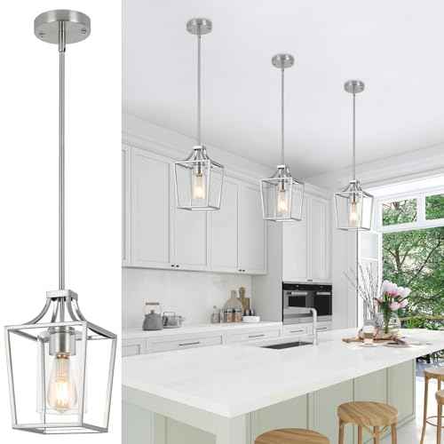 Brushed Nickel Lantern Pendant Light Fixture Pendant Lights for Kitchen Island with Clear Glass Shade, Adjustable Height Rods Pendant Lighting for Dining Room Kitchen Foyer Hallway