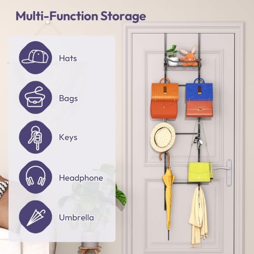 Black 9-Tier Over The Door Purse Organizer with 16 Hooks and Metal Basket