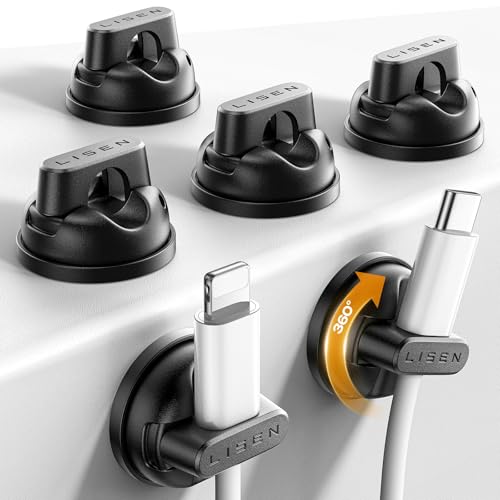 LISEN 6-Pack Black 360° Rotating Cord Holders with Magnetic Clips for Nightstand