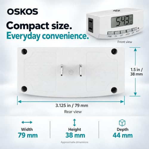 OSKOS 2-Pack Indoor Digital Timer with Large Screen & Polarized Plug, 15A/1875W