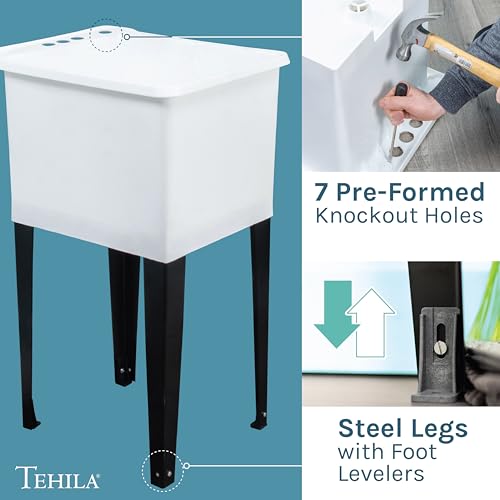 White Space Saver Utility Sink with Black Metal Legs & P-Trap Kit - 16 Gallon