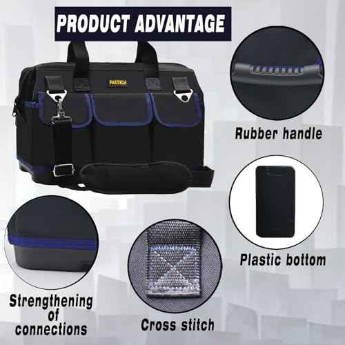 FASTECH 22 Inch Tool Bag, Waterproof Wide Mouth Tool Kit, Heavy Duty Tool Bag Organizer With Shoulder Straps and Molded Base, Tool Storage Package For Screwdrivers, Pliers, Nut Drivers (DarkBlue22IN)