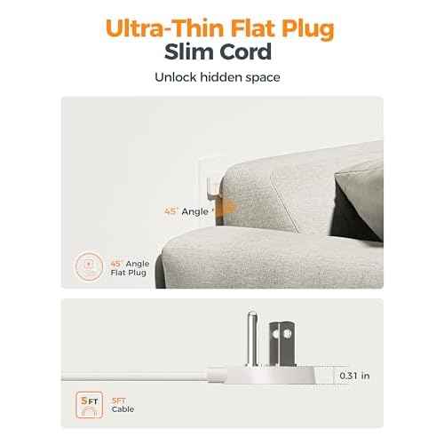 TESSAN Flat Plug Extension Cord 5 FT, Surge Protector Power Strip with 4 AC Outlets 1 USB C and 2 USB A Ports, 900 Joules Protection, Multiple Wall Outlet Extender Suitable for Home Office Dorm