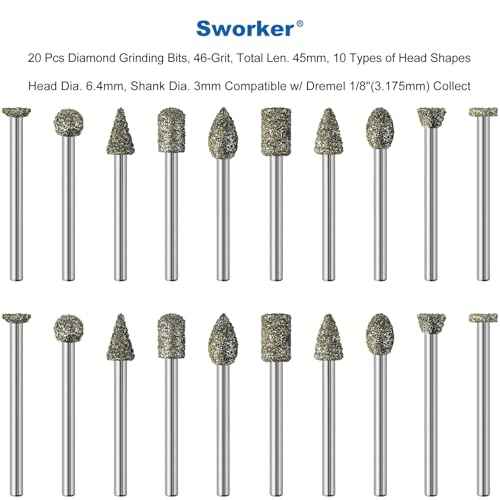 20Pcs 46-Grit Diamond Grinder Bit 1/8" Shank Compatible with Dremel Rotary Tool Attachment Accessories Grinding Burrs for Stone Glass Resin Porcelain Ceramic Quartz Glaze Steel Carve Engrave Polish