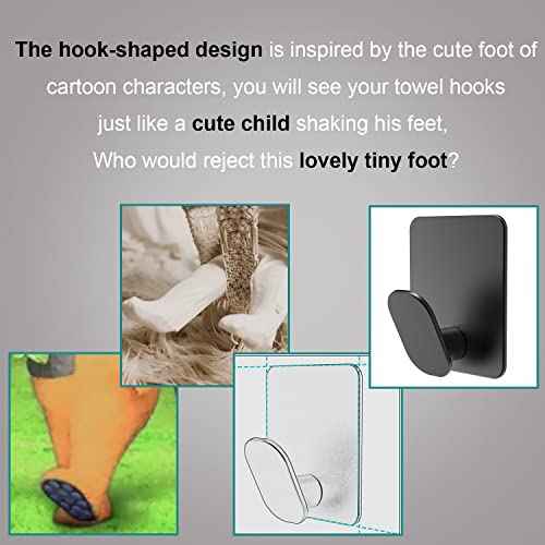 DELITON Adhesive Hooks - 4 Pack Towel/Coat Hooks Wall Hook Stick on Bathroom or Kitchen (Matte Black, Stainless Steel)