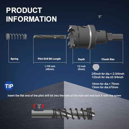 Mollom (1/2''|13mm) Heavy Duty Carbide Hole Saw with 2 Pilot Drill Bits, Hole Cutter cuts Stainless Steel, mild Steel, Iron, Copper, Brass, Plastic