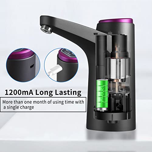 BIMVER Black Portable Electric Water Dispenser for 5 Gallon Bottles, USB Rechargeable, 600ml Quantitative Pump
