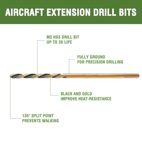 9/64 x 6 Inch Extra Long Drill Bits (6 Pack), Aircraft Drill Bit Black and Gold M2 HSS for Wood, Plastic, Thin Metal Sheet