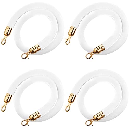 5 Ft Velvet Stanchion Ropes White, 4 Pack Crowd Control Rope Safety Queue Barrier with Gold Hook, VIP Rope for Party Events Decor