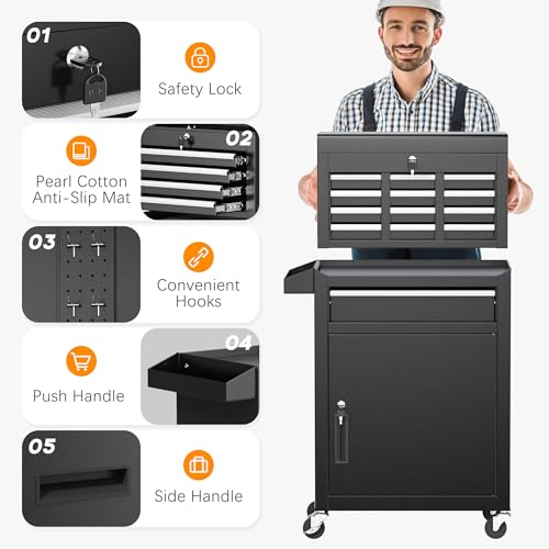 INTERGREAT 5-Drawer Rolling Tool Chest with Lockable Wheels, Detachable Top Box (Black) – High Capacity Garage Workshop Cabinet