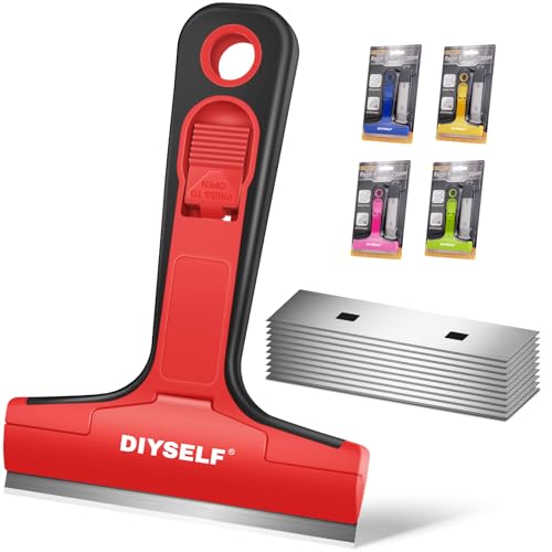 DIYSELF Razor Blade Scraper with 10 Metal Blades & Red Variation, 4-inch Heavy-Duty Cleaning Tool