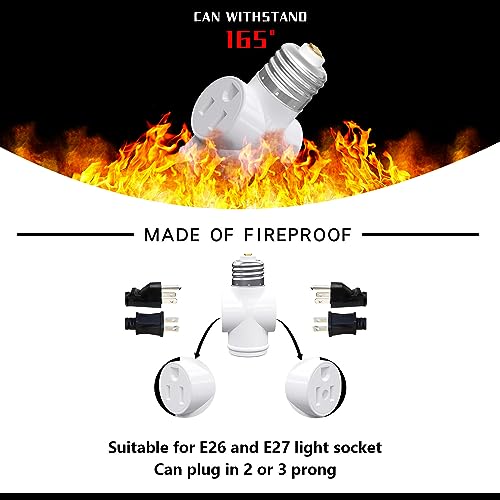 eRqILUJI 2 Pack Light Socket to 3-Prong Outlet Adapter with E26 Bulb Socket - White