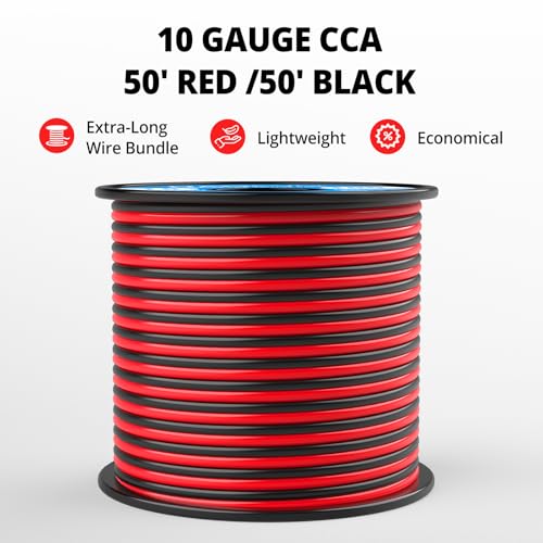 NAOEVO 10 Gauge 2 Conductors Electrical Wire 50ft Red & Black CCA