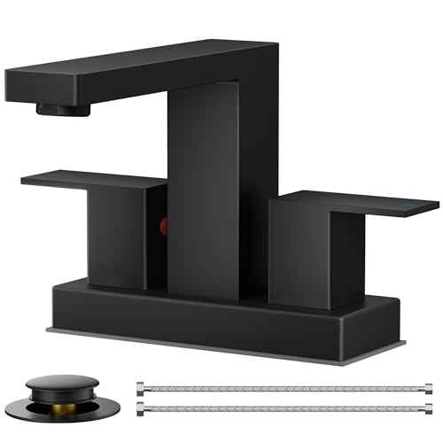 FORIOUS Black Bathroom Faucet Centerset 2 Hole, Square 4 Inch Matte Black Centerset Bathroom Sink Faucet 2 Handle with Metal Pop Up Drain, 24" CUPC Hose and Spare Water Saving Aerator