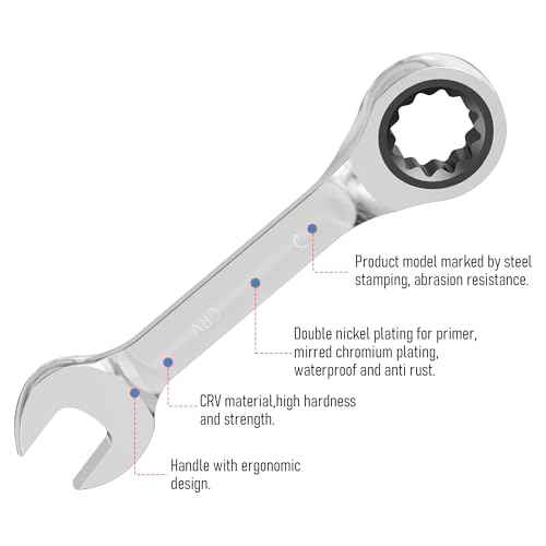 7/16 Inch Anti-slip Stubby Ratcheting Combination Wrench SAE 72 Teeth 12 Point Ratchet Box Ended and Open End Spanner Tools for Tight Space, Heat-Treated CR-V