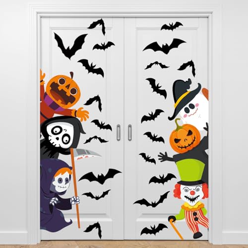 47 x 44 Inch Halloween Door Decals Cute Pumpkin Demon Expression Ghost Sticker Funny Halloween Decals for Window Wall Indoor Outdoor Party Decoration