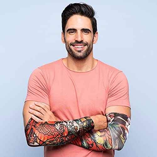 Geyoga 12 Pcs Tattoo Sleeves Fake Arm Sleeves Cover Realistic Soft Elasticity UV Protection for Men Women Working(One Size)