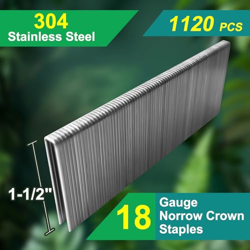 Toicann 1-1/2 Inch 18 Gauge Narrow Crown Staples 304 Stainless Steel, 1120-Pack