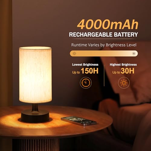 Beige Cordless Table Lamp with 4000mAh Rechargeable Battery - 10 Inch, Touch Dimming, Home Decor