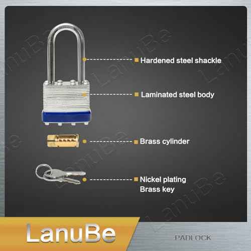 LanuBe Laminated Padlock 1-9/16inch (40mm) Long Shackle 2 Pack Keyed Alike, Blue Plastic Hoop, Bulk Locks for Warehouse, School