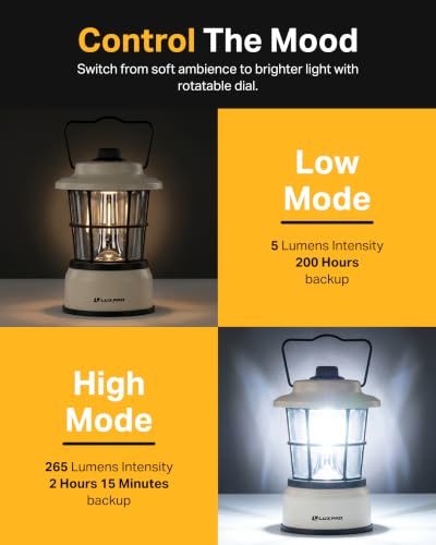 LUXPRO 2-Pack Retro Outdoor Camping Lanterns Beige Battery Powered, Dimmable LED