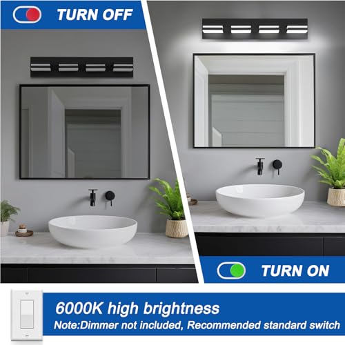 Black 4-Light Dimmable LED Bathroom Vanity Light Fixture, 360° Rotatable, Matte Acrylic Wall Mount - 24 Inch