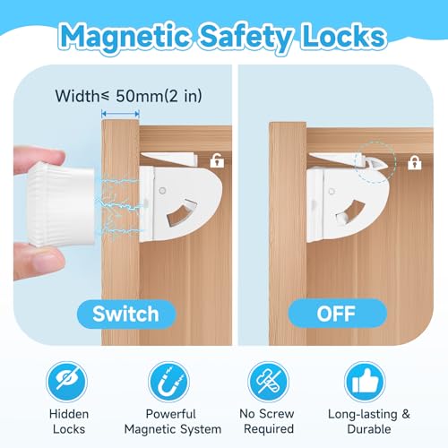 4 Pack Magnetic Cabinet Locks for Child Safety, Drawer Locks Baby Proofing, Magnetic Door Safety Locks for Cabinets and Drawers, Easy Installation No Tools Required (4 Pack and 1 Keys)
