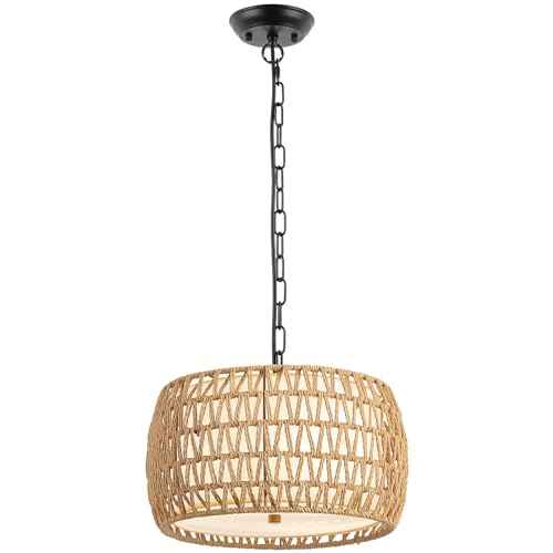 WILON 12.4'' 3-Light Rattan Chandelier with Fabric Shade, Dining Room Light Fixtures Over Table, Modern Boho Pendant Lights Kitchen Island Lighting, Farmhouse Rustic Drum Hanging Lamp with E26 Base