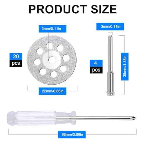 20 PCS Professional 545 Diamond Cutting Discs£¬Cut Off Wheel Kit for Dremel Rotary Tools | 22mm Blades + 4 Mandrels & Screwdriver