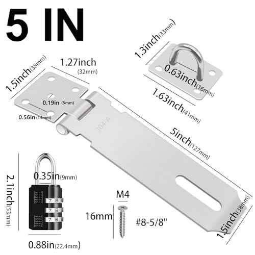 2Pcs Door Locks Hasp Latch,5 Inch 304 Stainless Steel Safety Packlock Clasp Hasp Lock Latch,Hinge Lock Padlock with Screws for Gates,Doors,Cabinets, Closets and More