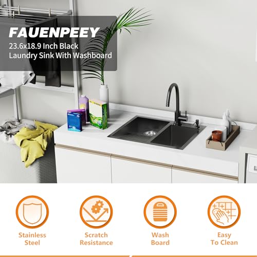 FAUENPEEY Black Stainless Steel Laundry Sink with Washboard 23.6x18.9-Inch Double Bowl