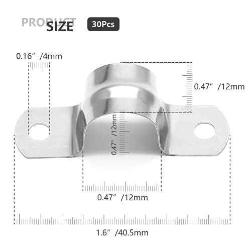 30Pcs M12 Rigid Pipe Strap, 1/2" Stainless Steel 2 Holes Cable U Bracket Pipe Clamp for Fixing Pipe or Cable, 0.47" Width
